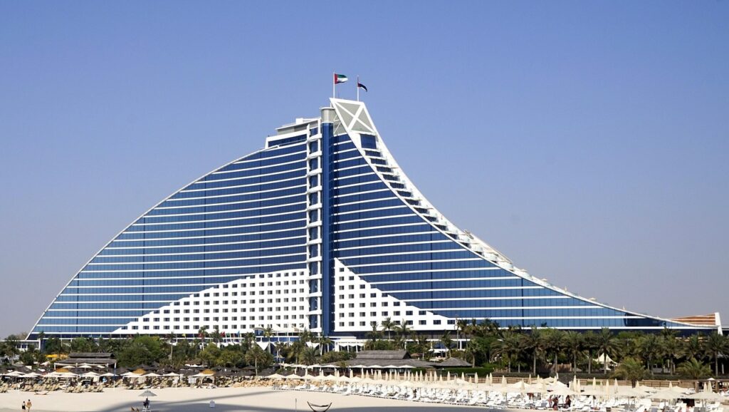 jumeirah beach hotel, beach, jumeirah beach, building, hotel, dubai, nature, burj, skyscrapers, architecture, city